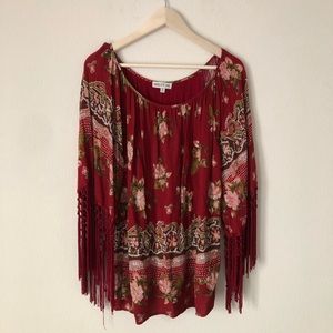 tassels n lace red printed blouse with tassels
